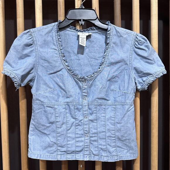 Vintage Y2K Calvin Klein Shirt Size M Blue Denim Chambray Ruffle Button Up - Picture 1 of 6